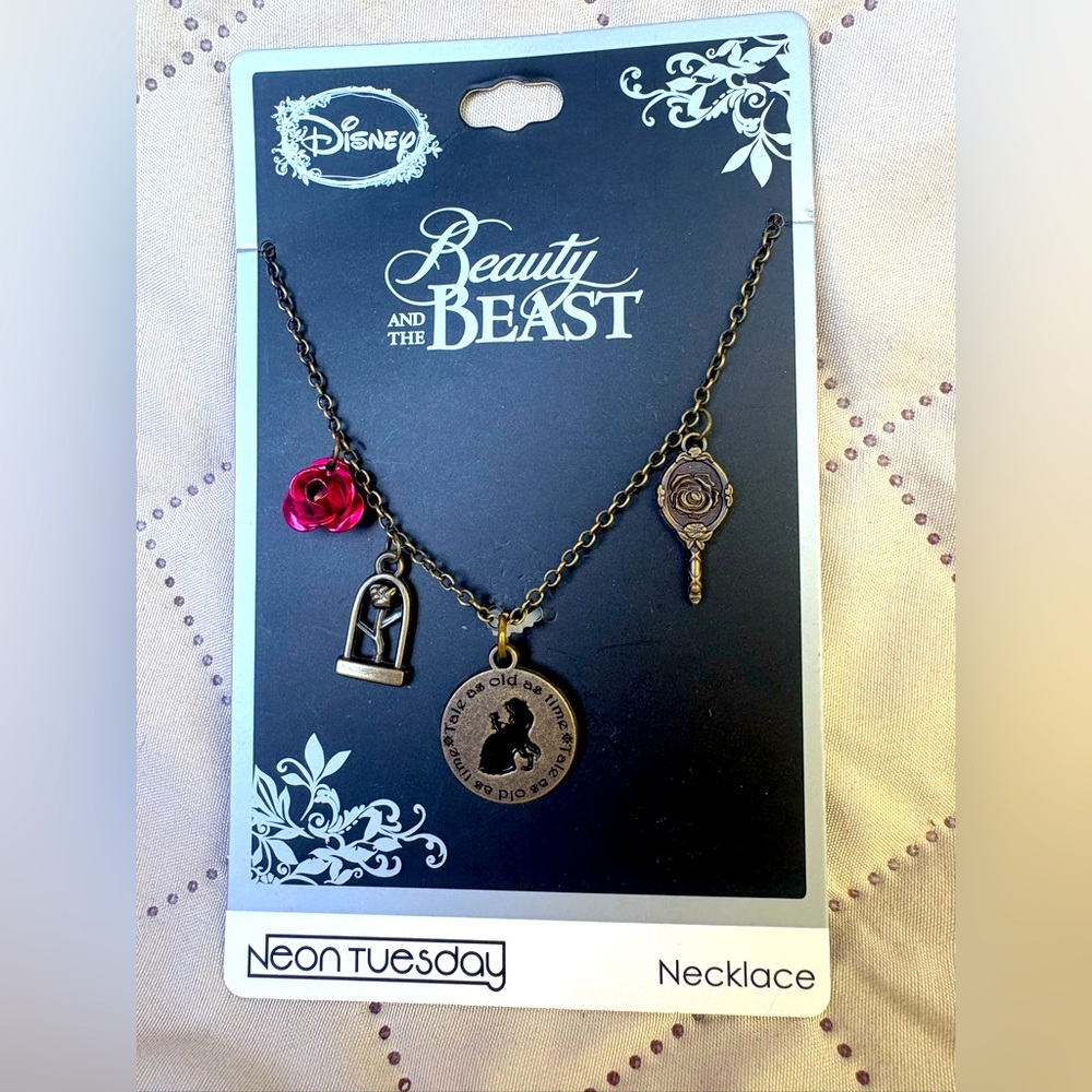Disney Beauty and the Beast Rose and Charm Necklace